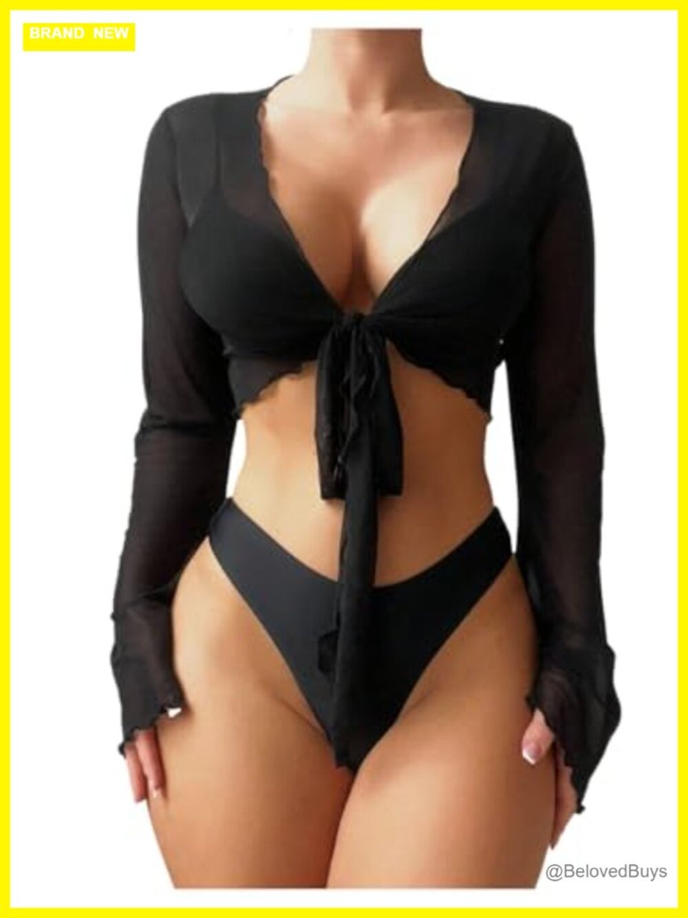 Sheer Mesh Tie Front Knot Swimsuit Coverup Top Long Sleeve Beach Pool